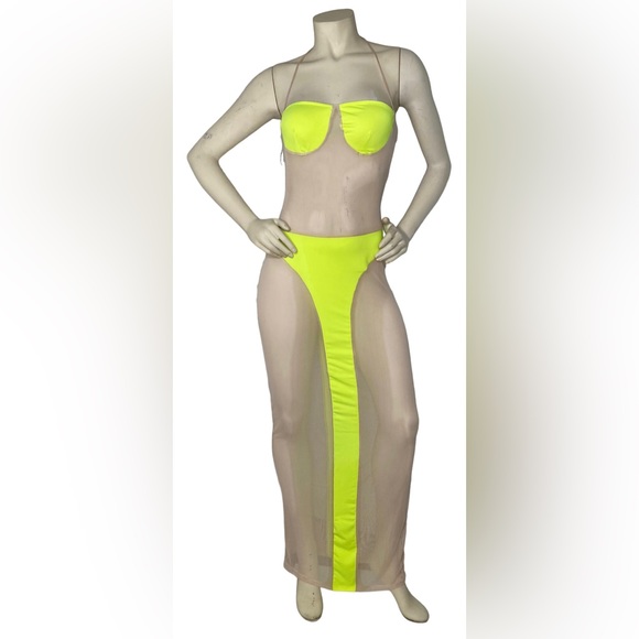 C.BRIDGETT Sexy Neon Yellow & Nude Sheer Mesh Color Block Halter Dress Cover Up - Picture 3 of 14